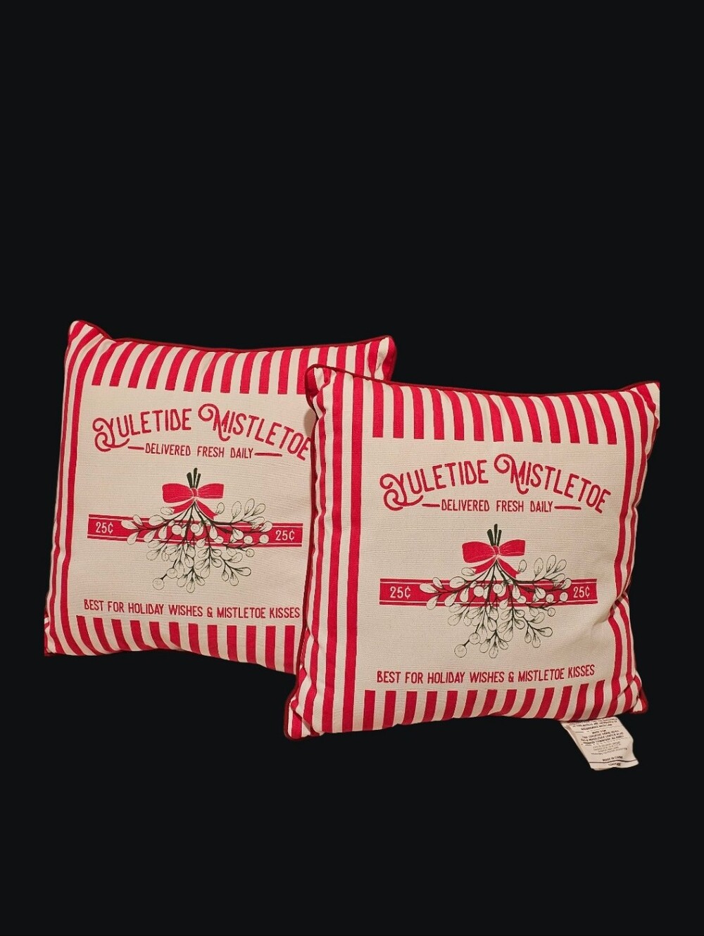 Large Yuletide Mistletoe Red Stripe Holiday Throw Pillow Set (2)